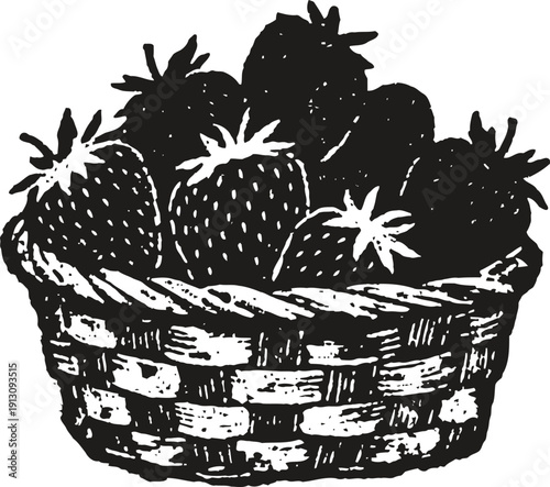 Basket full of fresh strawberries in a woven basket with detailed engraving design