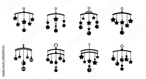 Collection of baby mobiles featuring stars moons and cloud designs