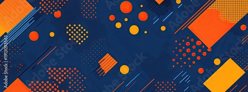 Blue background with orange geometric patterns and diagonal lines