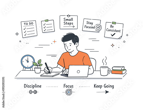 Daily motivation routine. A focused person works steadily at a desk, guided by small goals and reminders. Consistency, discipline, and calm