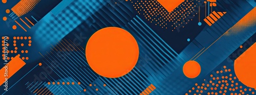 Blue background with orange geometric patterns and diagonal lines