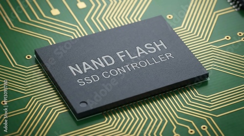 Close-up of a NAND Flash SSD controller chip mounted on a green printed circuit board