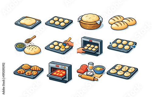Bakery Icons Set. Bakery preparation. Colorful isometric vector icons set of bakery preparation: dough on tray, shaped dough portions, proofing dough, scored