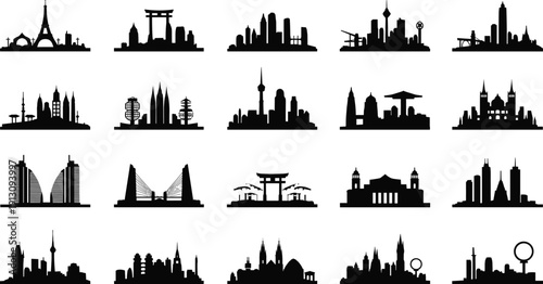 World city skyline silhouettes collection famous landmarks travel destinations isolated on white background urban architecture vector set - flat vector illustration