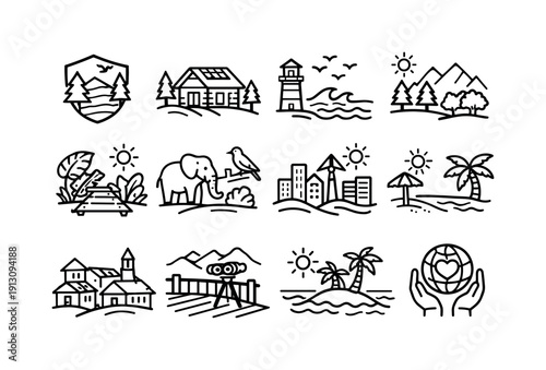 Eco-Friendly Icons. Eco-friendly destinations. Line icon set of Eco-friendly destinations: protected natural park, eco lodge, coastal conservation area,