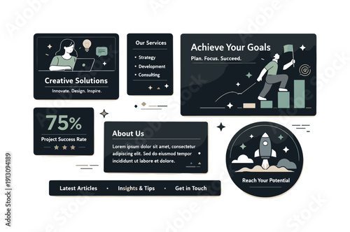 Creating a sophisticated atmosphere with dark tones. An editorial-style composition of dark cards, panels, and typography blocks arranged