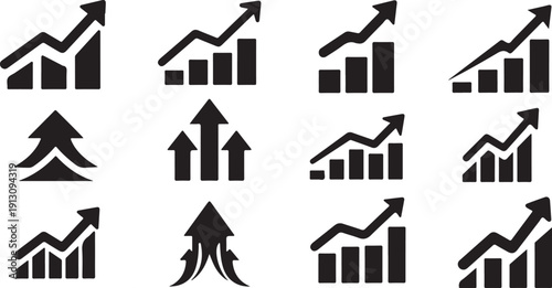 Black and white graph icons with upward arrows rising