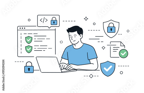 Secure Coding Workflow. Secure coding workflow. A programmer writing code with security checks highlighted, symbols of locks and checkmarks showing protection