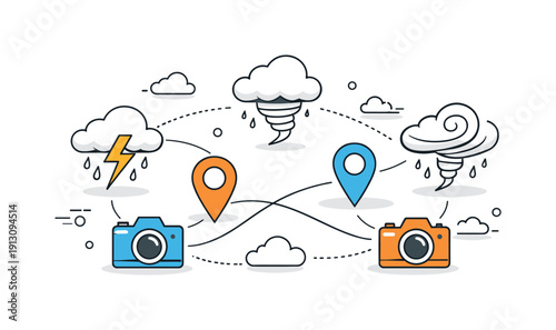 Extreme weather and storm chasing tourism. Conceptual scene with storm cloud icons, location pins, and camera symbols connected by soft