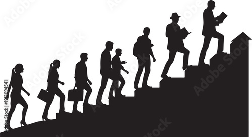 Silhouette of businesspeople climbing up a staircase to success