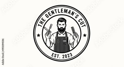 Vintage Barbershop Logo with Bearded Barber Holding Razor and Comb.