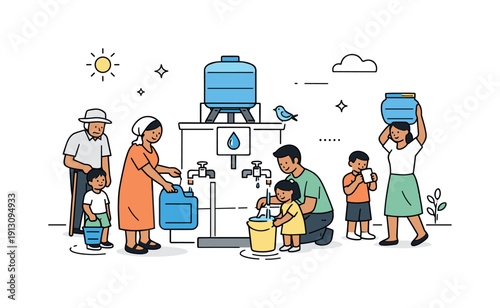Clean water access. A calm community scene with people using shared water points responsibly, expressing equity, care, and resilience.