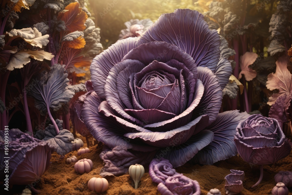 Obraz premium Giant red cabbage and fantasy plants thriving in an enchanting whimsical garden