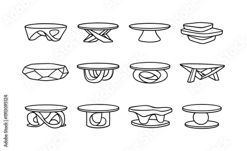    Designer Coffee Table. Line icon set of Designer Coffee Table: sculptural low table, unique base, artistic furniture, geometric table form,