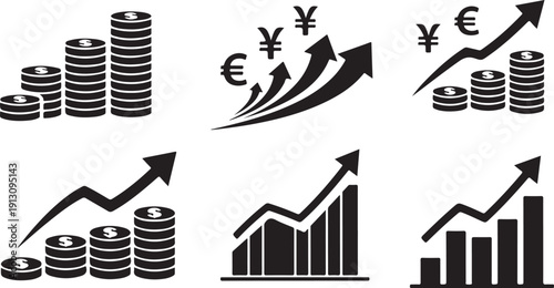 Financial Growth Icons with Currency Symbols and Graphs