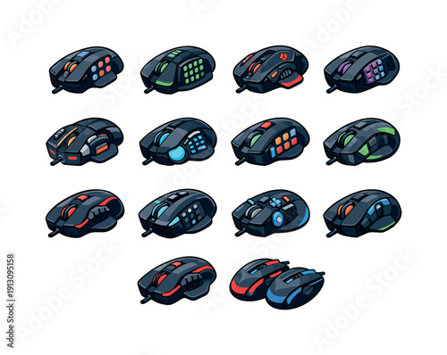 MMO gaming mice. Colorful isometric vector icons set of MMO gaming mice: multi button mouse, side panel keypad mouse, macro gaming mouse, MMO