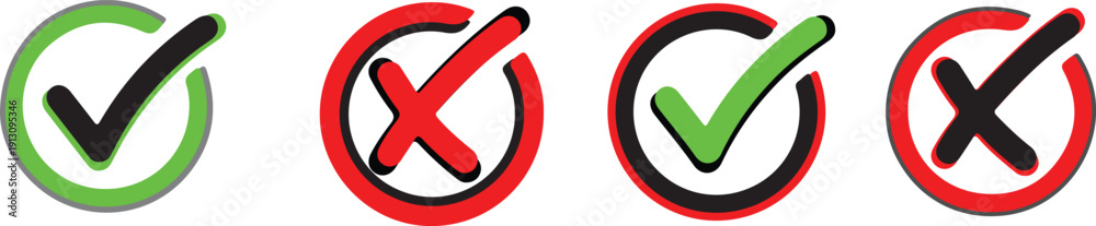 Obraz premium Green Tick & Red Cross Checkbox Icon Collection .Check box icon with right and wrong buttons and yes or no checkmark icons in green tick box and red cross. . Set checkmark, red cross, x mark icon,