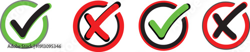 Green Tick & Red Cross Checkbox Icon Collection .Check box icon with right and wrong buttons and yes or no checkmark icons in green tick box and red cross. . Set  checkmark, red cross, x mark icon,
