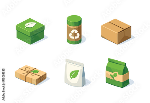 Green packaging design. Isometric flat vector icons set of green packaging design: eco box with leaf symbol, recyclable paper tube, kraft