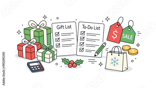 Holiday Shopping Essentials. Holiday season shopping. An editorial-style composition of wrapped presents, price tags, and checklists neatly arranged on a