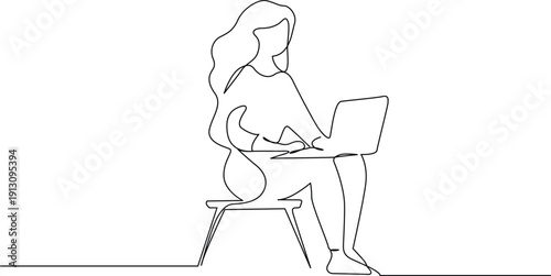 A woman sitting on a chair working on a laptop computer in an office setting. Vector