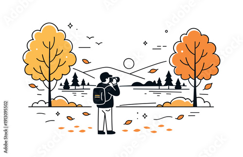 Autumn Forest Capture. Fall photography of natural landscapes. A photographer standing among golden autumn trees capturing a quiet forest view, calm focus and