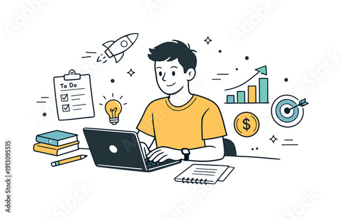 Young Entrepreneurial Vision. Youth entrepreneurship concept. A young entrepreneur confidently working on a laptop with notes and charts around, expressing