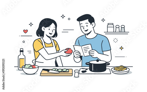 Cooking together. A couple preparing a simple meal in a modern kitchen, exchanging ingredients and smiling while reading a recipe card.