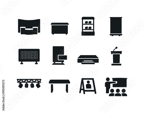 Trade Show Icons. Trade Show Display. Solid icon set of Trade Show Display: expo booth, display counter, product showcase, promotional banner, LED screen,