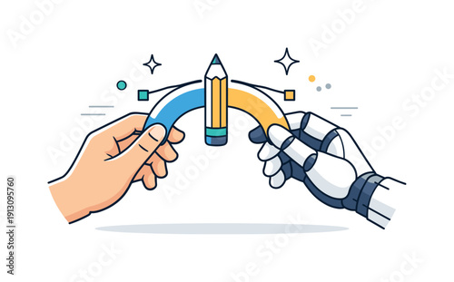 Artificial Intelligence in Visual Arts and Design. Conceptual scene with human hand and robotic hand holding a stylized design element