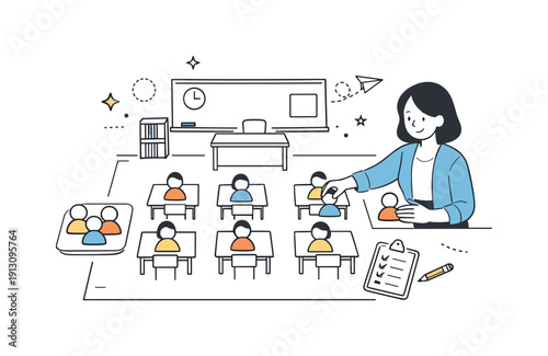 Classroom seating plan. A teacher calmly arranging desks and student icons on a clear classroom layout, focusing on order, visibility, and