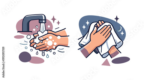   Daily hand care. Washing and drying hands with a clean towel, soft motion lines and light