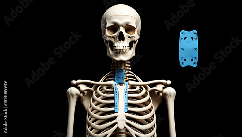 Human skeleton with blue sternum plate implant and separate implant anatomy medical