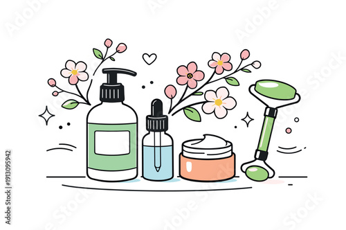    Spring wellness props. A simple still life of skincare bottles, face roller, and blooming branches, creating a feeling of renewal and gentle