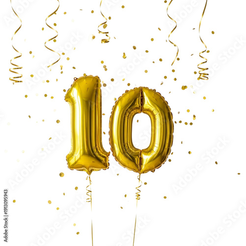 Golden number 10 balloons and confetti