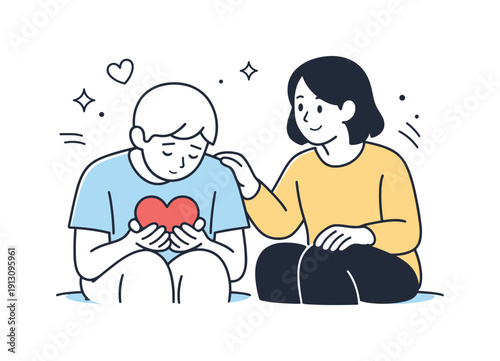 Vulnerability and emotional safety. A person gently holding a heart-shaped symbol while another offers reassurance through calm