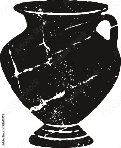 Ancient cracked clay jug with handle and pedestal base silhouette illustration