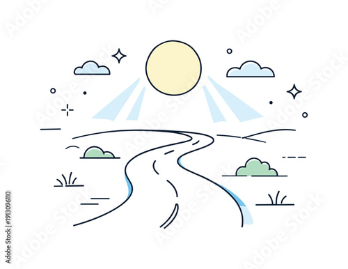 Moonlit path. A simple path or road softly illuminated by moonlight, leading forward into the distance. Abstract light beams and gentle