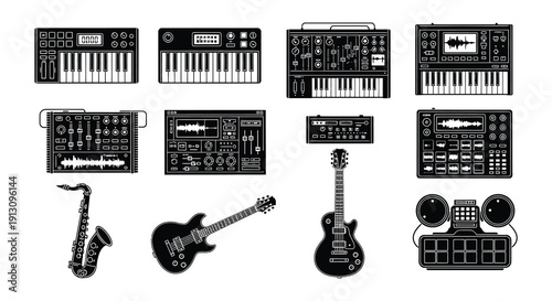 An assortment of musical instruments including synthesizers guitars and a saxophone