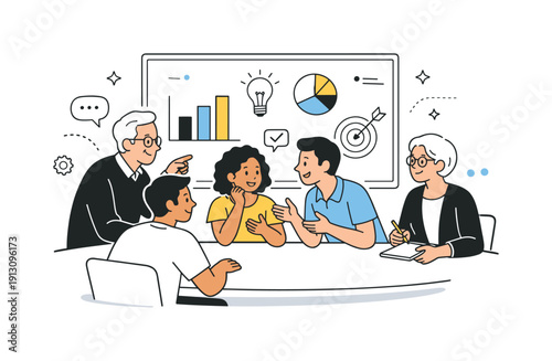 Collaborative Brainstorming Session. Cross-  collaboration. Diverse ages brainstorming around a board with simple charts and icons, focused and open