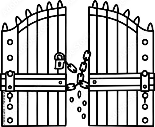 Old metal gate locked with chain and padlock guard fence entrance barrier with security protection design
