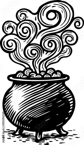 Black cauldron with swirling smoke rising, vintage line art illustration of magical potion or witchcraft
