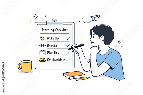 Planning a productive morning routine. Person reviewing a simple checklist with morning tasks like wake up, exercise, and planning, calm and
