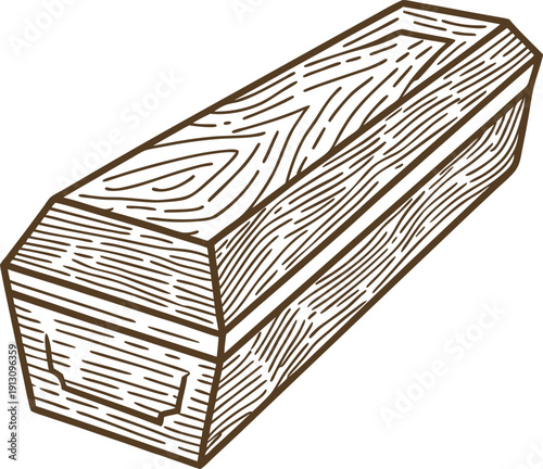 Hand drawn wooden coffin illustration with detailed wood texture and carved handles