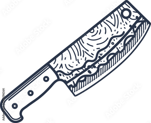 Traditional japanese chef knife with damascus steel pattern and wooden handle illustration