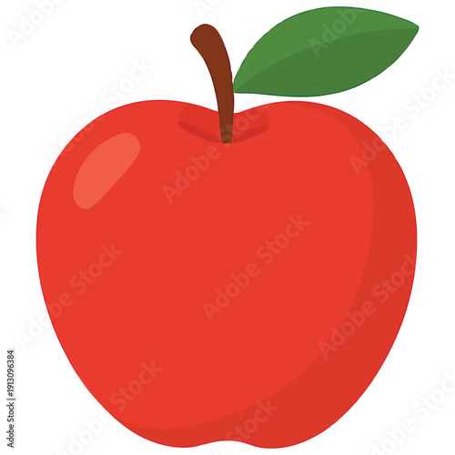 A classic red apple with a brown stem and green leaf. A clean, friendly flat icon for school, health, and fruit-related projects.