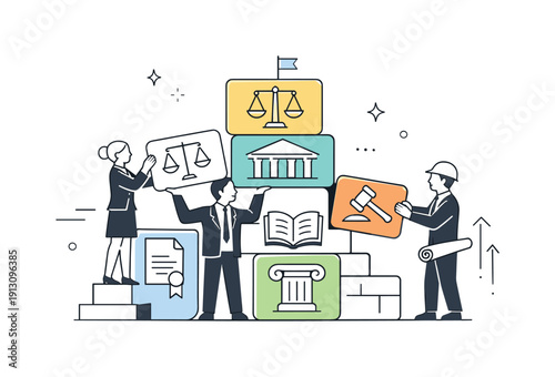 Law as a tool for long-term justice. Legal professionals build frameworks that support lasting societal change, visualized as stable blocks