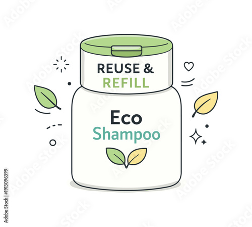 Eco-friendly shampoo packaging. Reusable bottle cap with sustainable design message, calm responsible mood. Leaf icons and minimal decorative