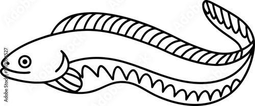 eel fish illustration in black and white with detailed fin and body patterns
