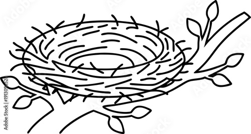Simple bird nest outline on tree branch with leaves, nature concept line art illustration